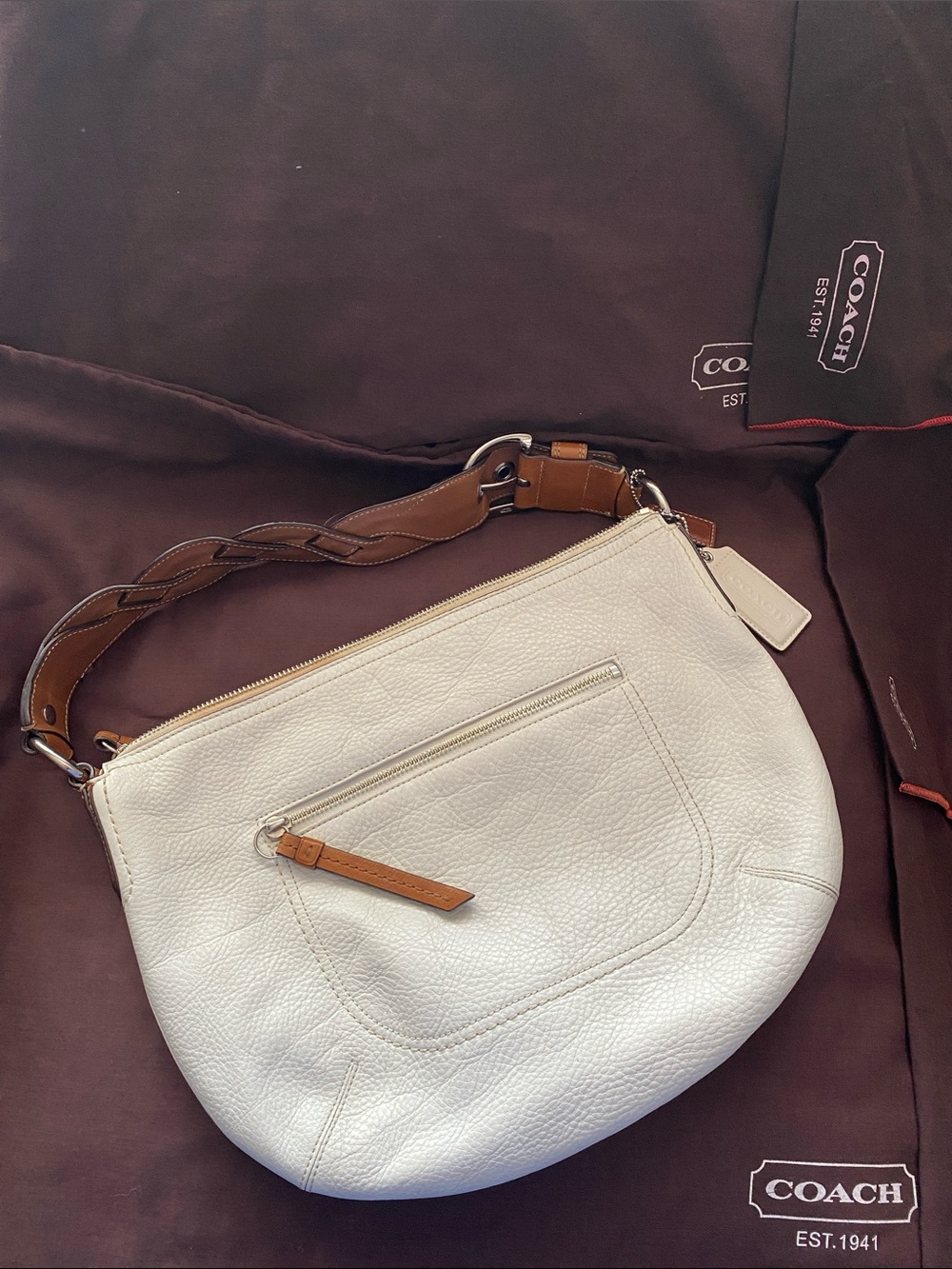 Coach Pebble Leather Hobo Bag in Cream with British Tan Strap